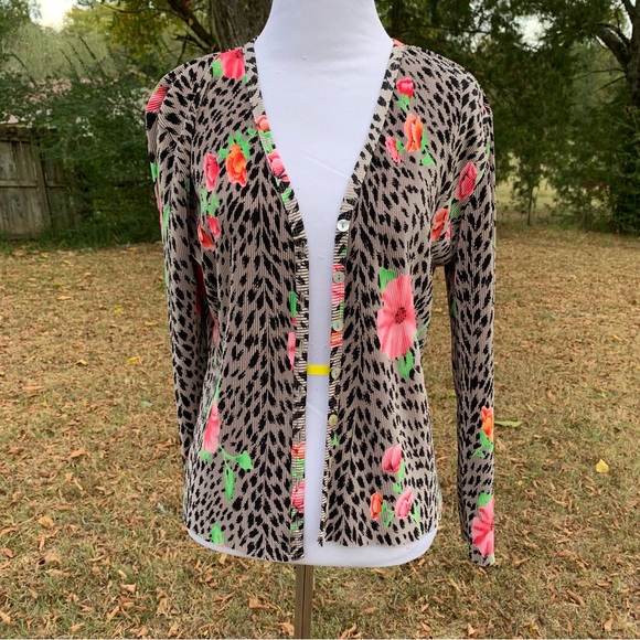 Vintage TESS Ribbed Leopard Dalmatian Vibrant Bright Floral Pattern Cardigan - Picture 2 of 15